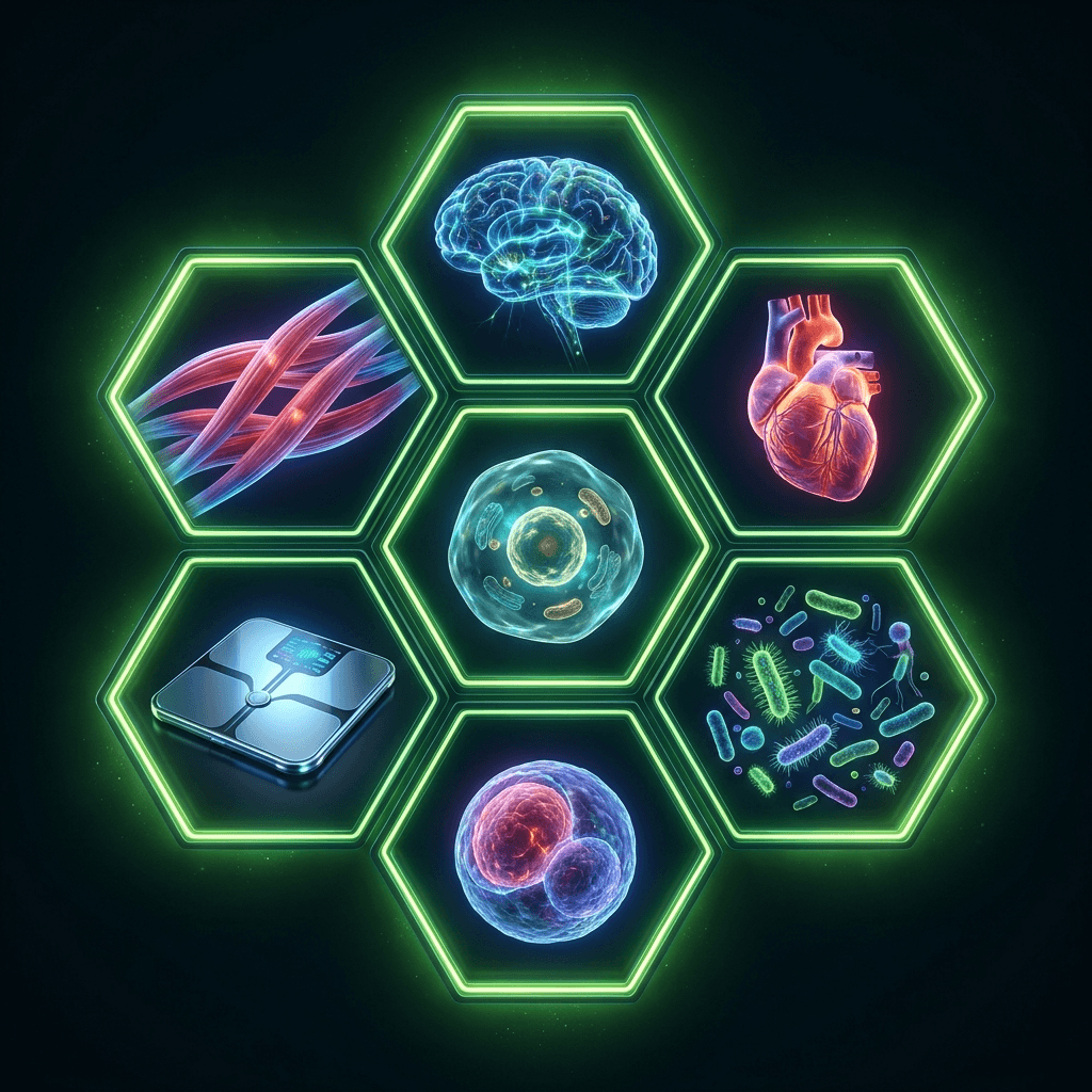 Six wellness systems peptides act on: muscle, brain, heart, metabolism, cellular, and gut